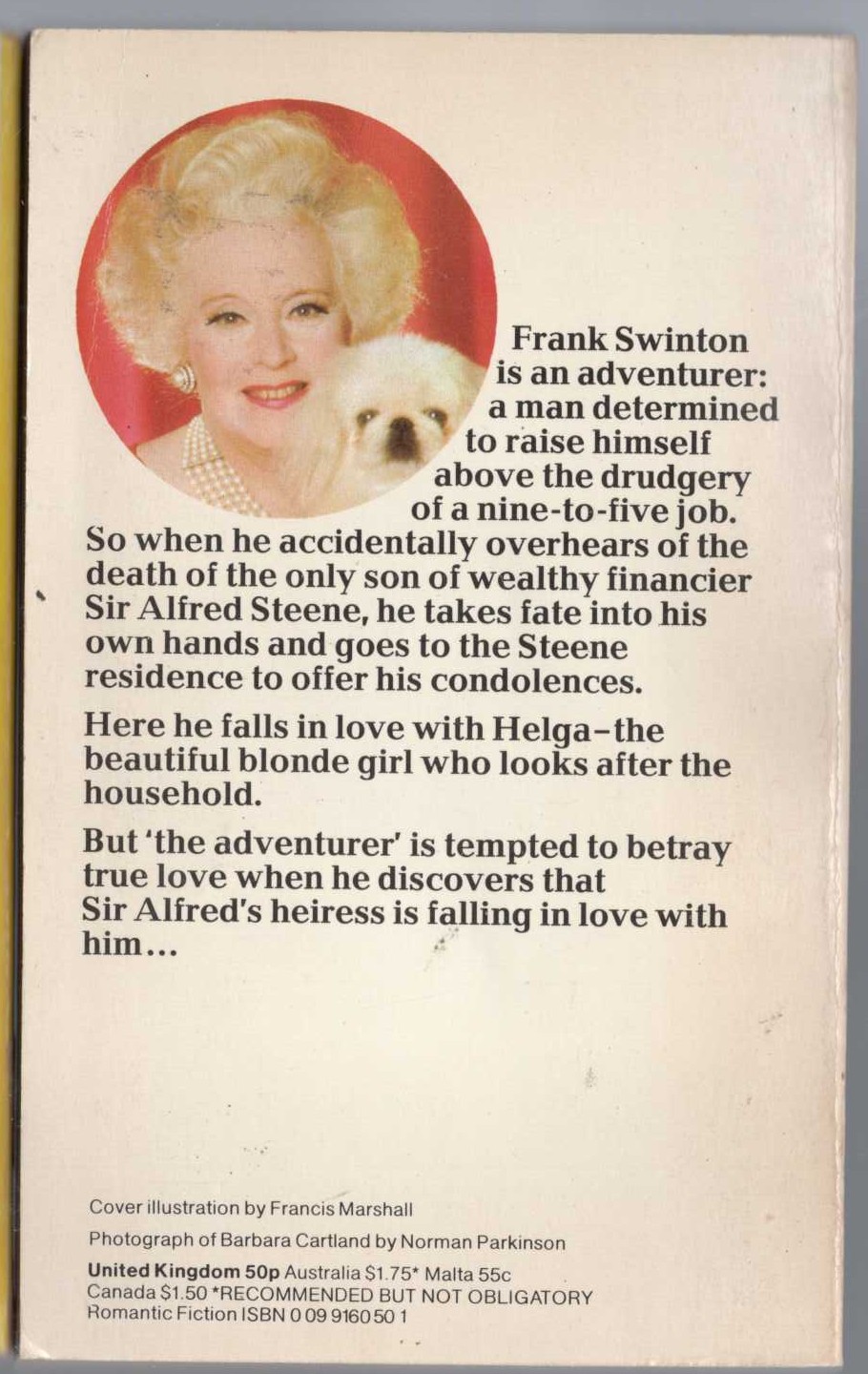 Barbara Cartland  THE ADVENTURER magnified rear book cover image