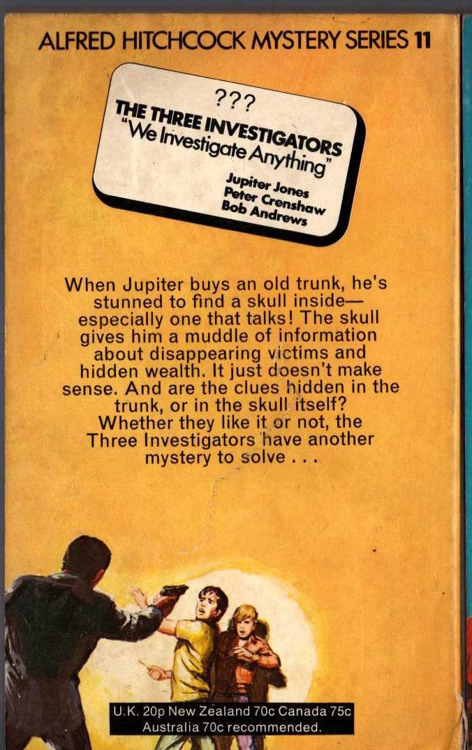 Alfred Hitchcock (introduces_The_Three_Investigators) THE MYSTERY OF THE TALKING SKULL magnified rear book cover image