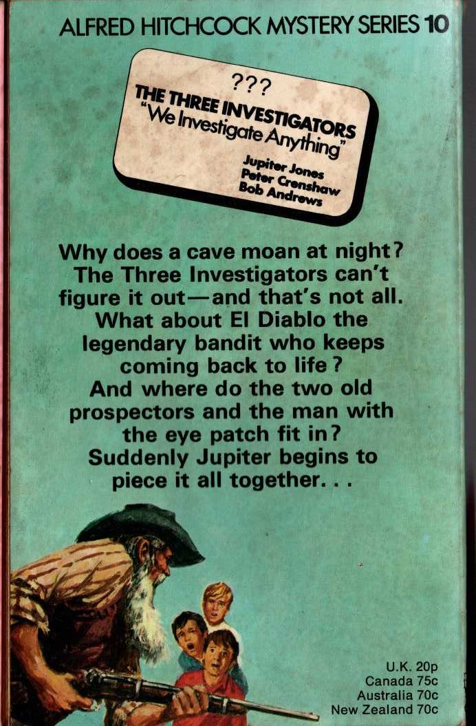 Alfred Hitchcock (introduces_The_Three_Investigators) THE MYSTERY OF THE MOANING CAVE magnified rear book cover image