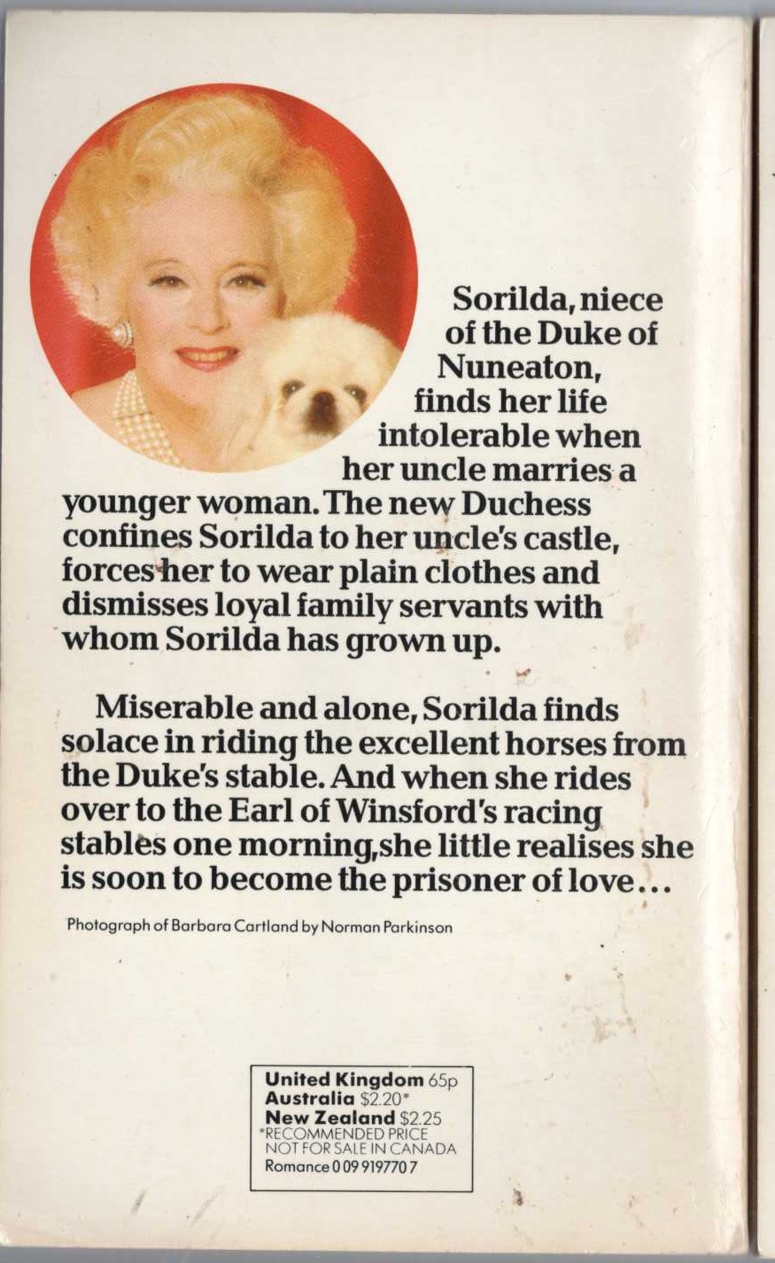 Barbara Cartland  THE PRISONER OF LOVE magnified rear book cover image