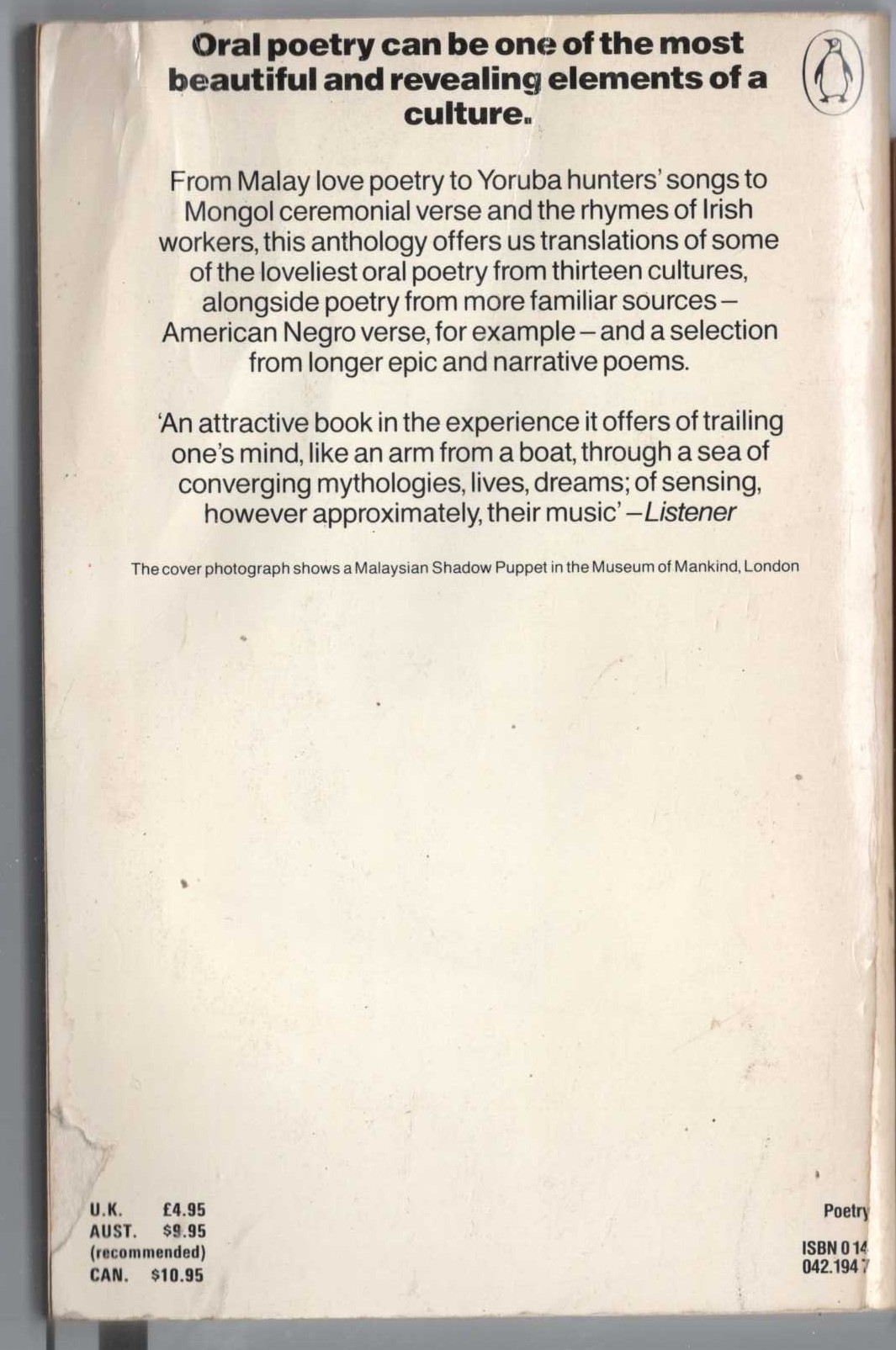 Ruth Finnegan (edits) THE PENGUIN BOOK OF ORAL POETRY magnified rear book cover image