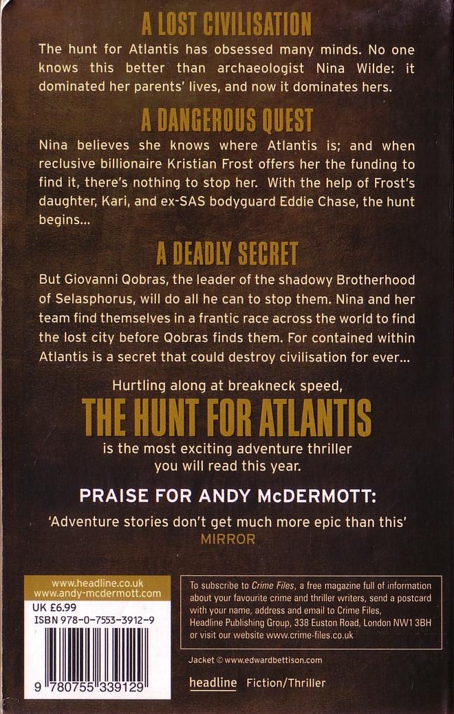 Andy McDermott  THE HUNT FOR ATLANTIS magnified rear book cover image