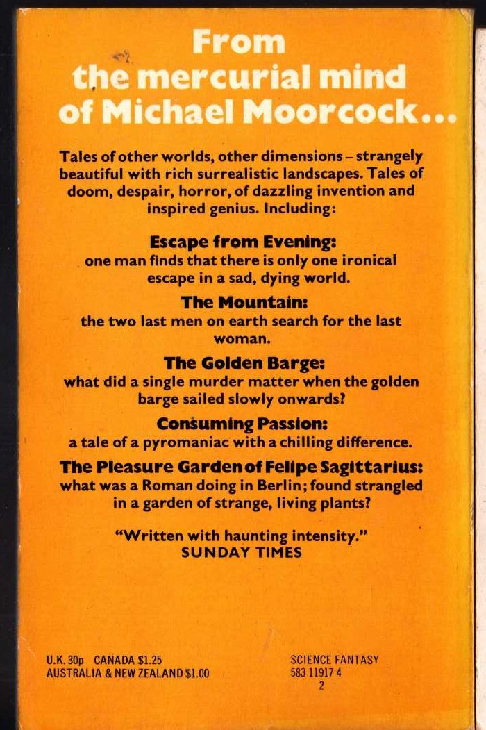 Michael Moorcock  THE TIME DWELLER magnified rear book cover image