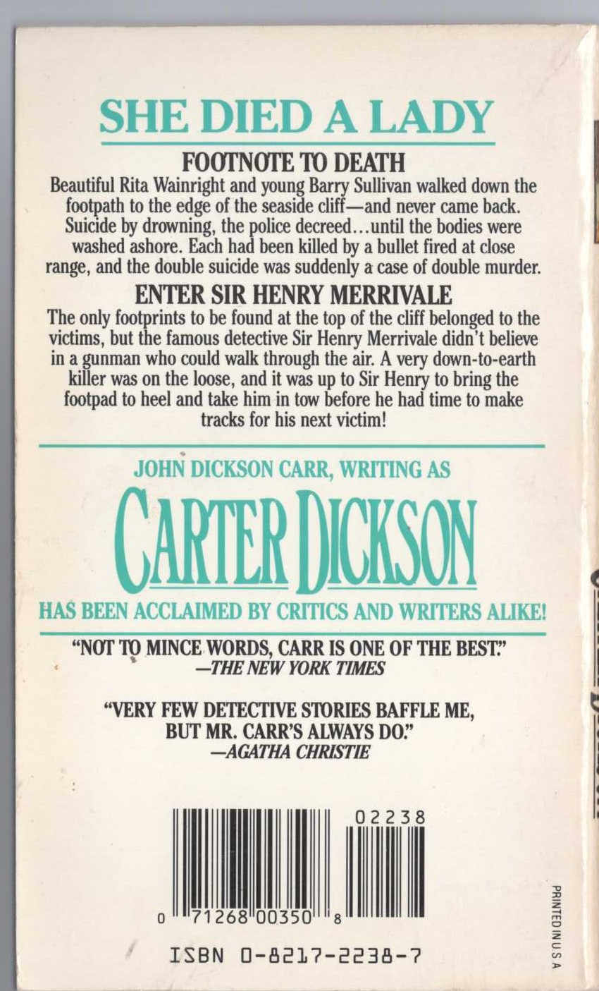 Carter Dickson  SHE DIED A LADY magnified rear book cover image