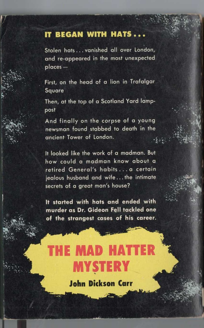 John Dickson Carr  THE MAD HATTER MYSTERY magnified rear book cover image