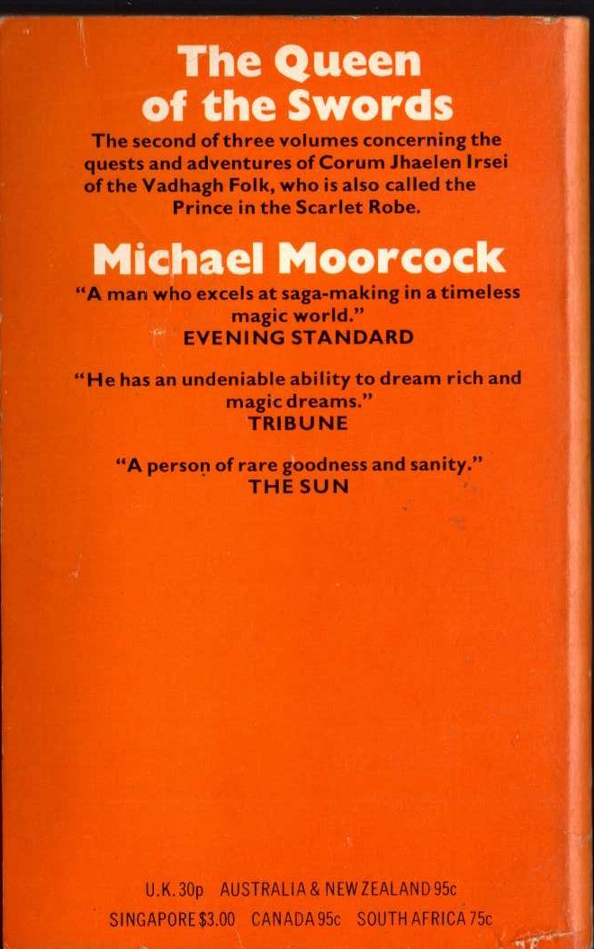 Michael Moorcock  THE QUEEN OF SWORDS magnified rear book cover image