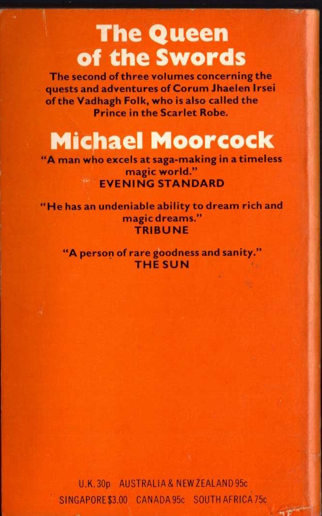 Michael Moorcock  THE QUEEN OF SWORDS magnified rear book cover image