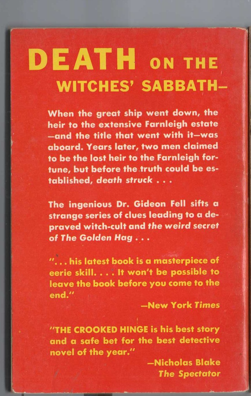 John Dickson Carr  THE CROOKED HINGE magnified rear book cover image