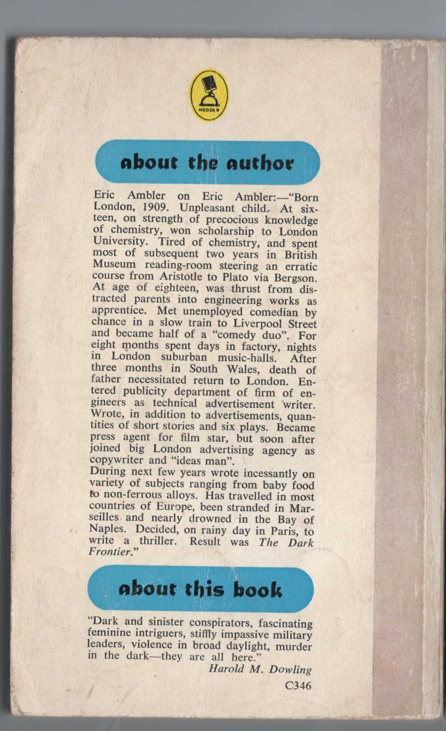 Eric Ambler  THE DARK FRONTIER magnified rear book cover image