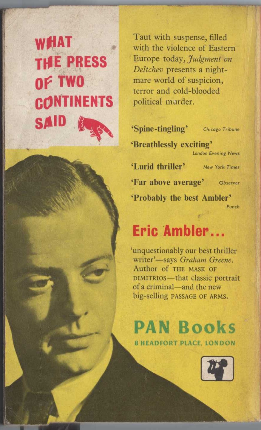 Eric Ambler  JUDGEMENT ON DELTCHEV magnified rear book cover image