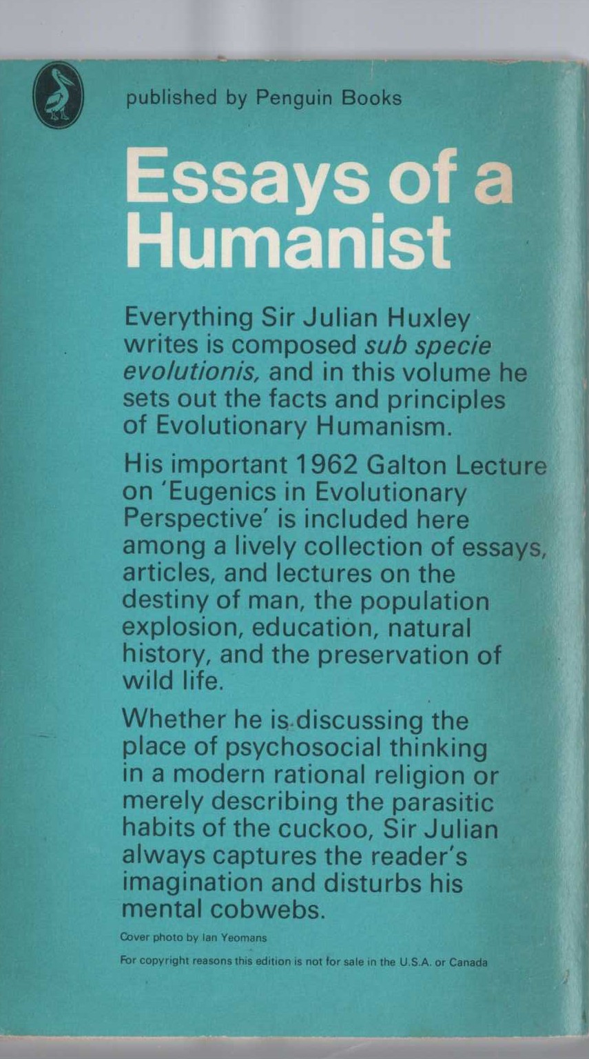 Julian Huxley  ESSAYS OF A HUMANIST magnified rear book cover image