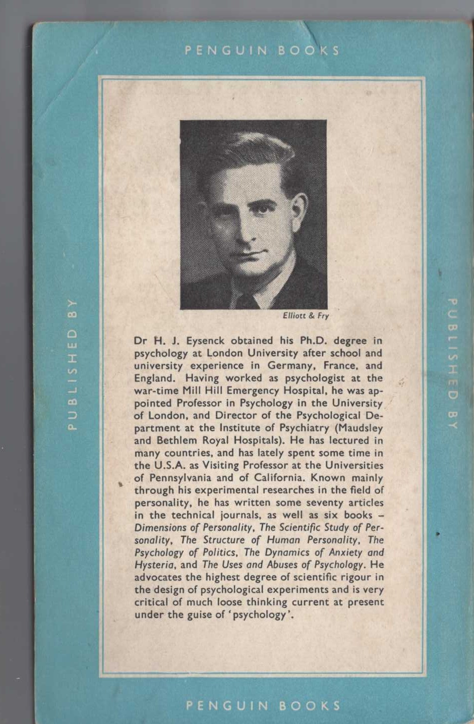 H.J. Eysenck  SENSE AND NONSENSE IN PSYCHOLOGY magnified rear book cover image