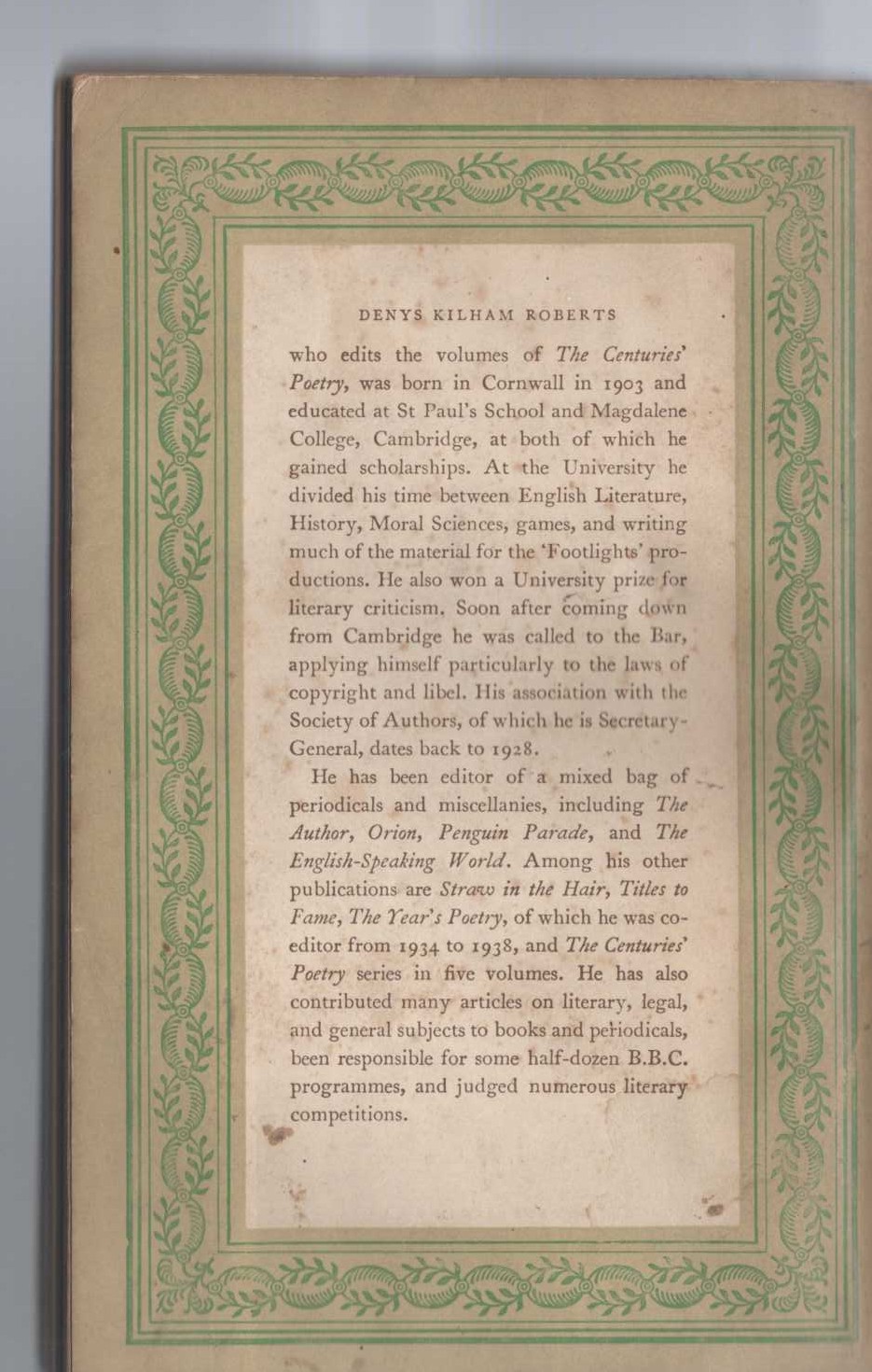 Denys Kilham Roberts (compiles) THE CENTURIES' POETRY 3: POPE TO KEATS magnified rear book cover image