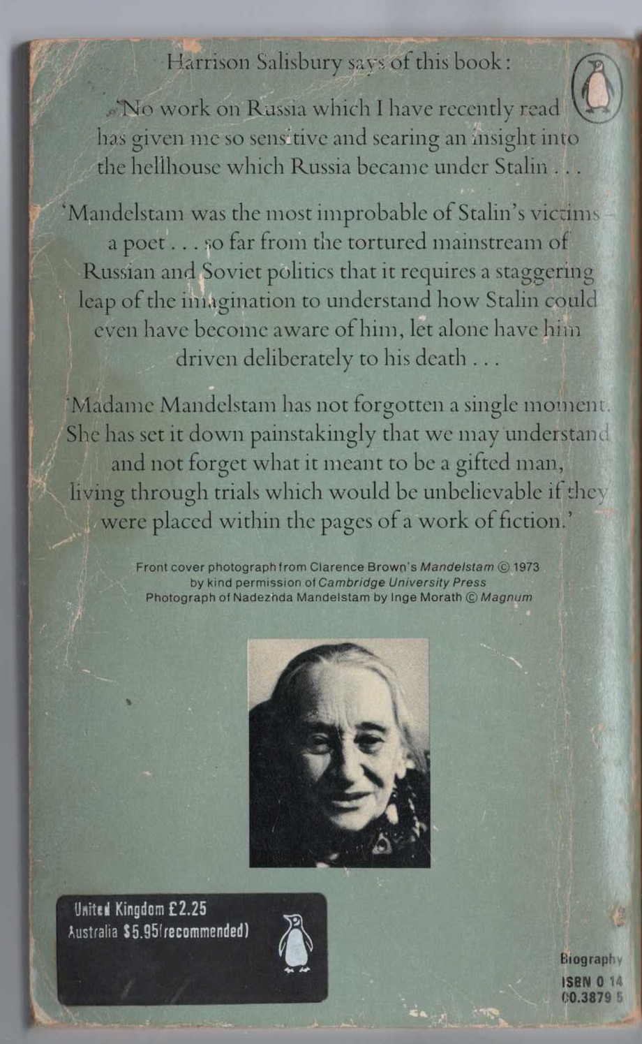Nadezhda Mandeltam  HOPE AGAINST HOPE magnified rear book cover image