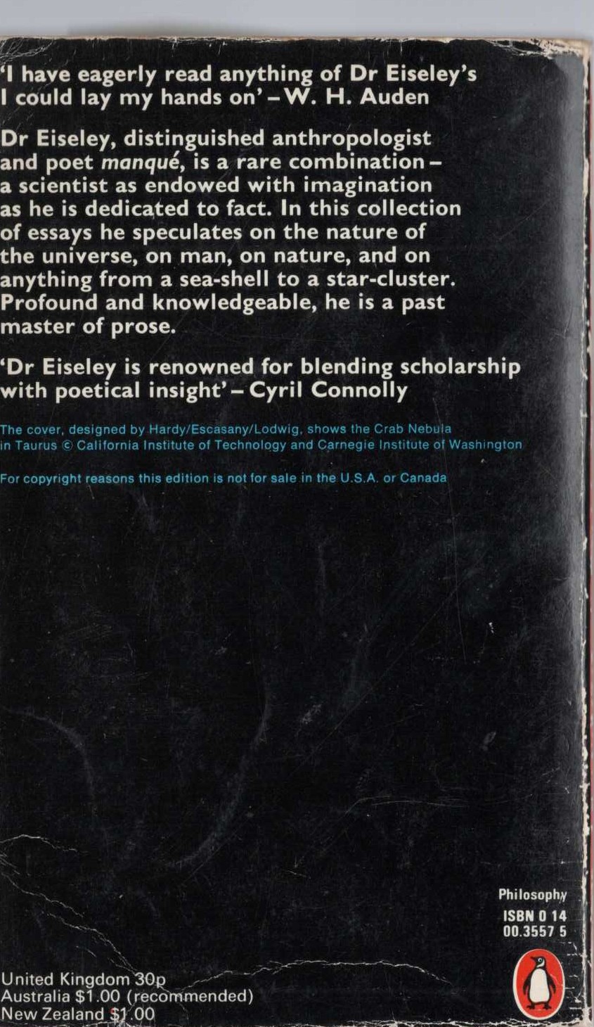 Loren Eiseley  THE UNEXPECTED UNIVERSE magnified rear book cover image