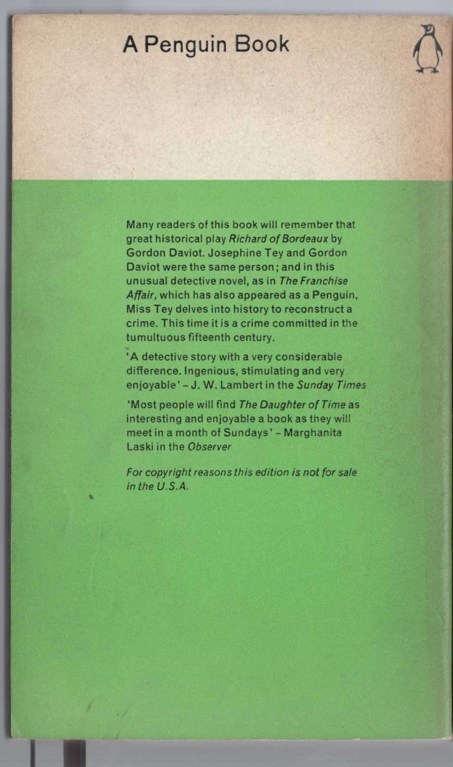 Josephine Tey  THE DAUGHTER OF TIME magnified rear book cover image