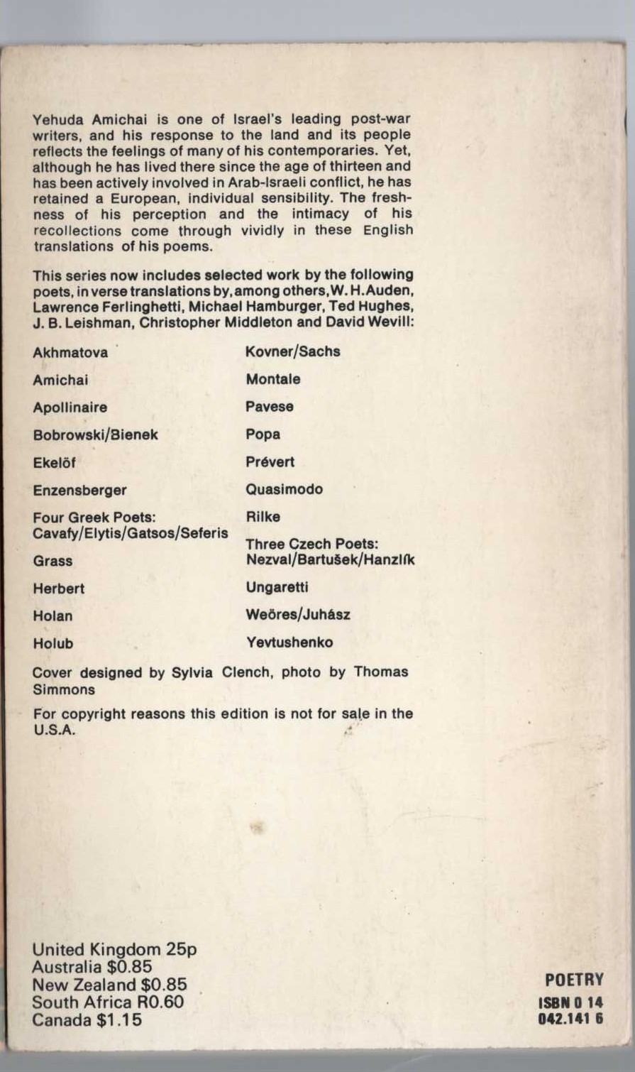 Yehuda Amichai  SELECTED POEMS (Penguin Modern European Poets) magnified rear book cover image