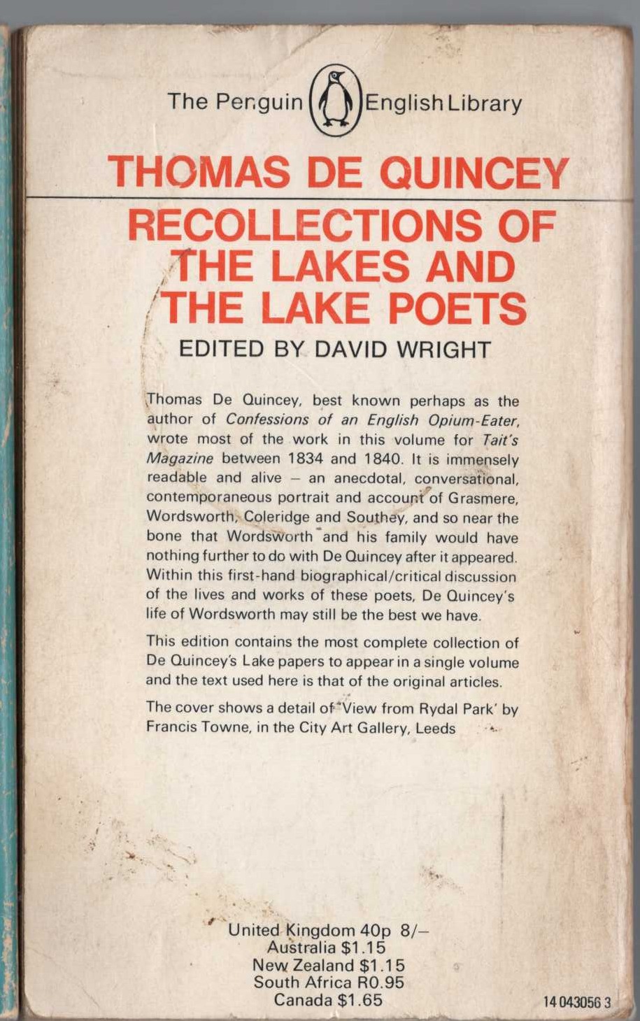 Thomas de Quincey  RECOLLECTIONS OF THE LAKES AND THE LAKE POETS magnified rear book cover image