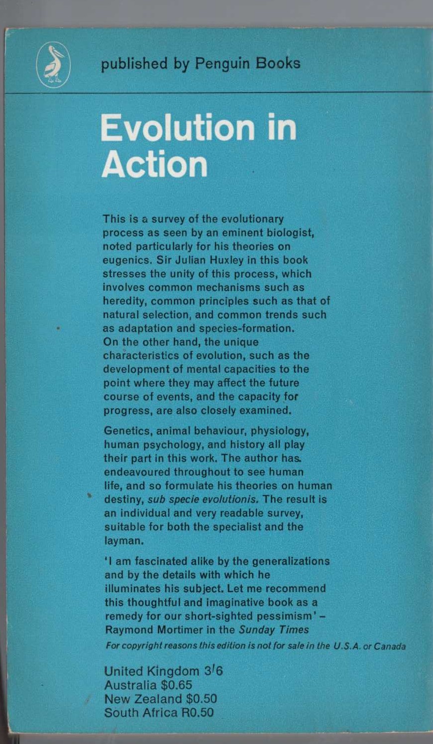 Julian Huxley  EVOLUTION IN ACTION magnified rear book cover image