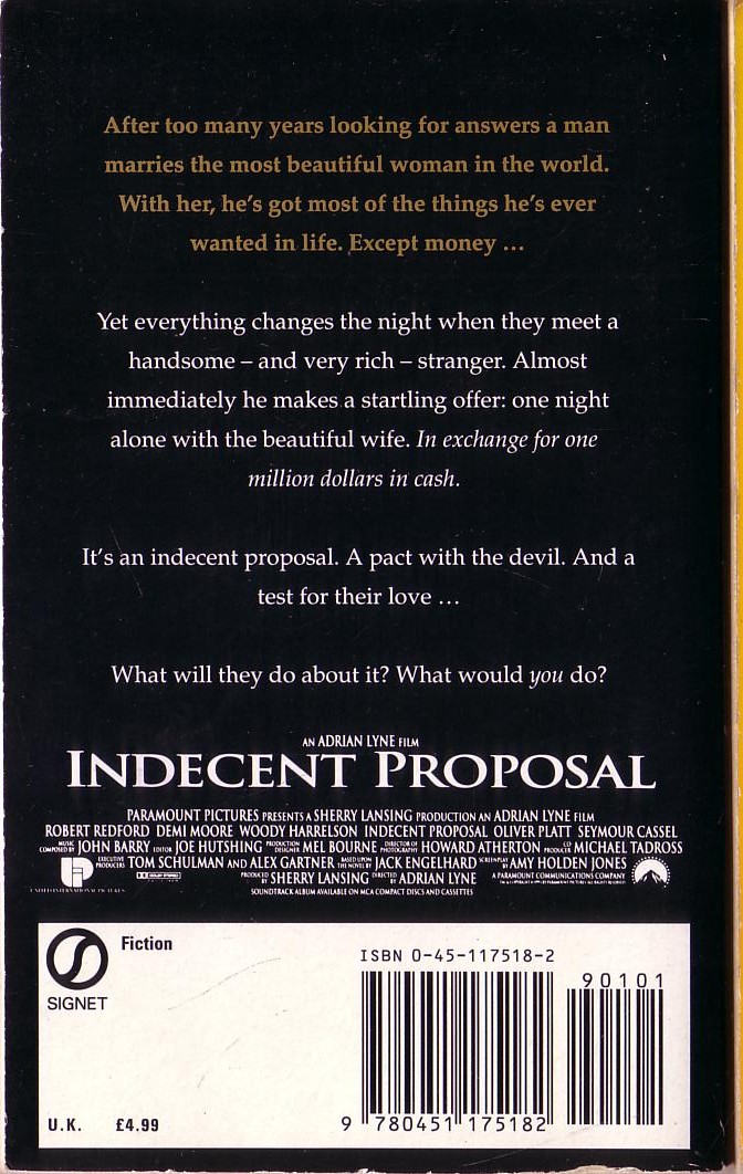 Jack Engelhard  INDECENT PROPOSAL (Robert Redford, Demi Moore..) magnified rear book cover image