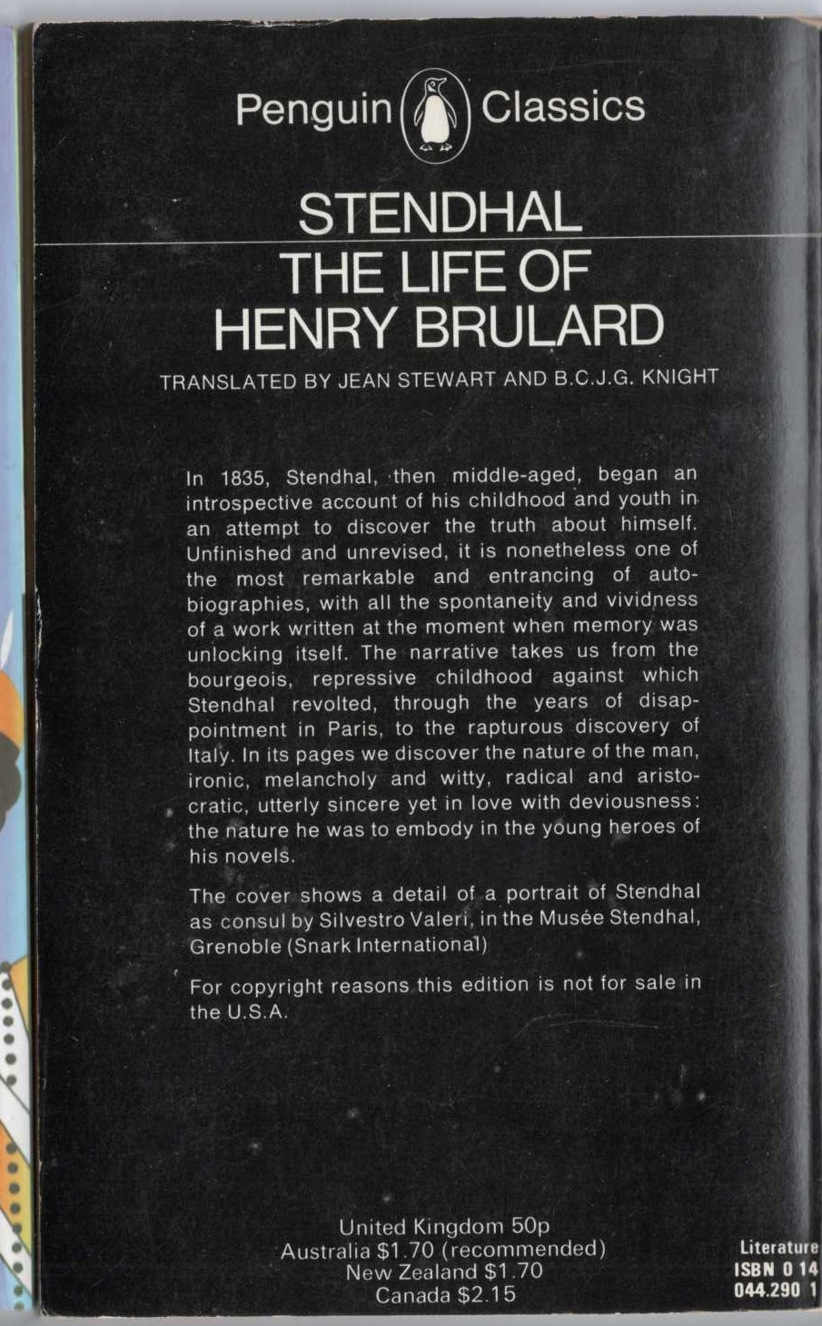 Stendhal   THE LIFE OF HENRY BRULARD magnified rear book cover image