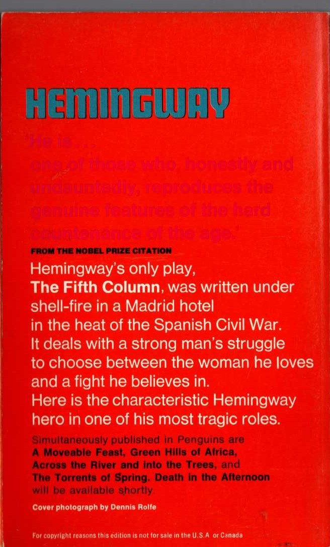 Ernest Hemingway  THE FIFTH COLUMN magnified rear book cover image