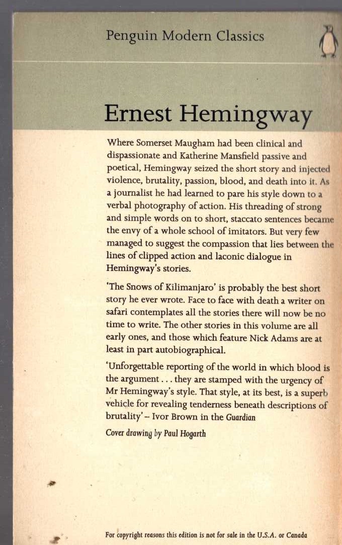 Ernest Hemingway  THE SNOWS OF KILIMANJARO magnified rear book cover image