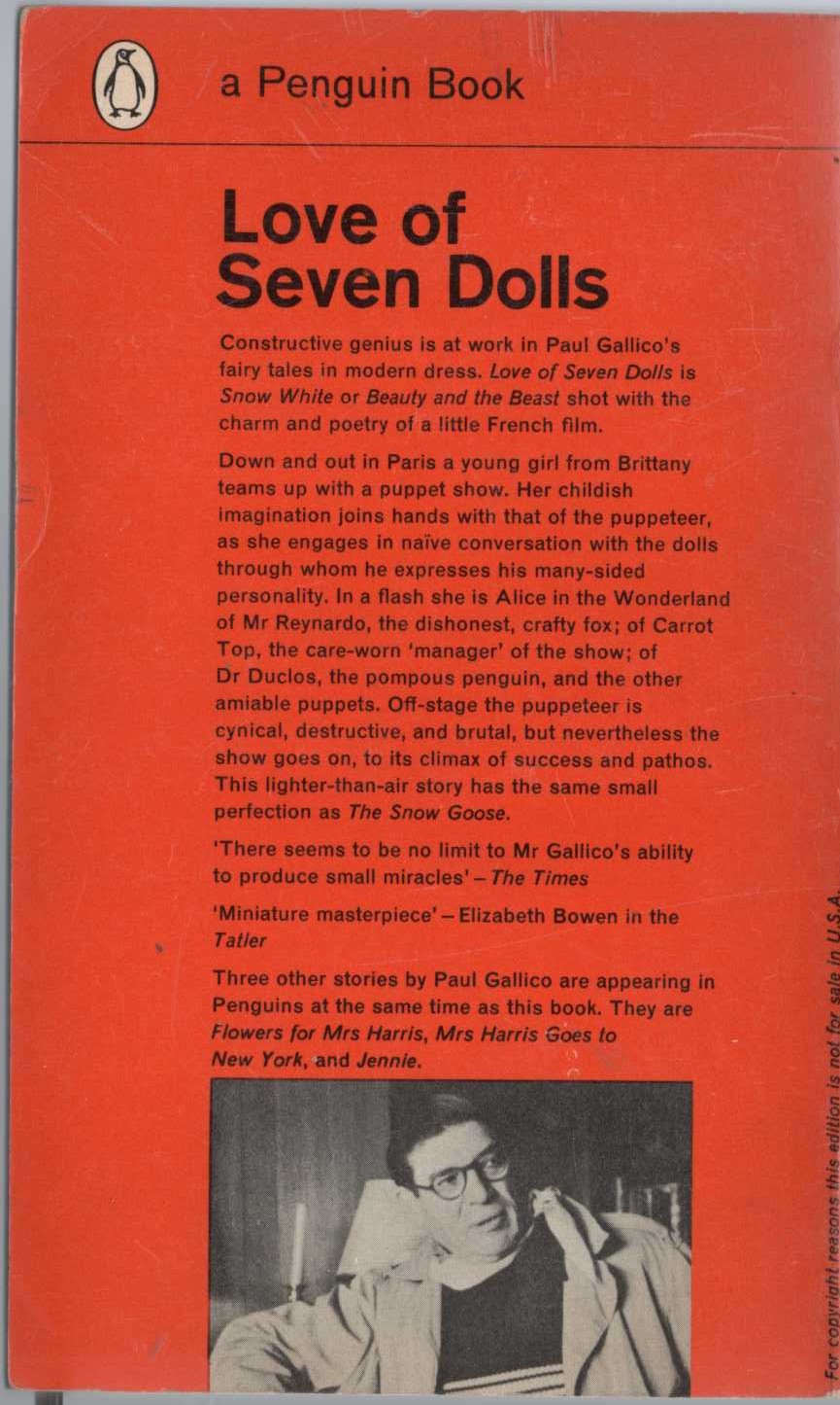 Paul Gallico  LOVE OF SEVEN DOLLS magnified rear book cover image