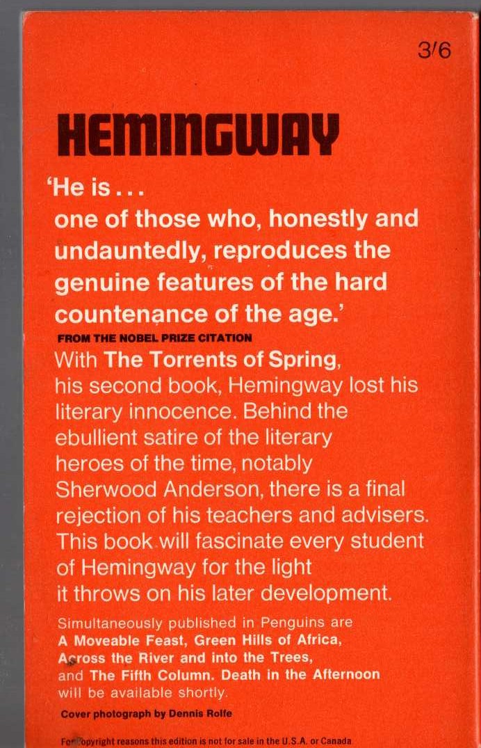 Ernest Hemingway  THE TORRENTS OF SPRING magnified rear book cover image