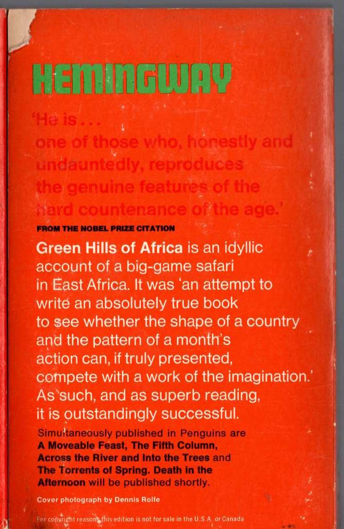 Ernest Hemingway  GREEN HILLS OF AFRICA magnified rear book cover image