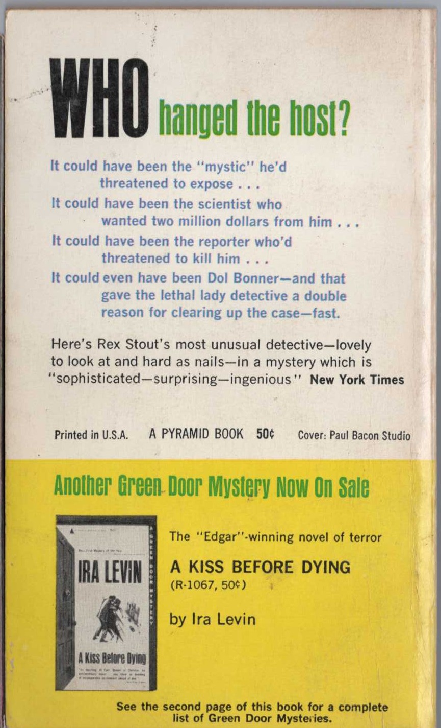 Rex Stout  THE HAND IN THE GLOVE magnified rear book cover image
