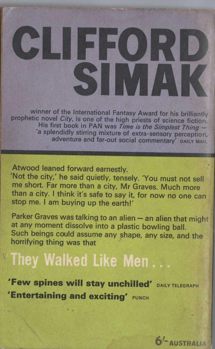 Clifford D. Simak  THEY WALKED LIKE MEN magnified rear book cover image