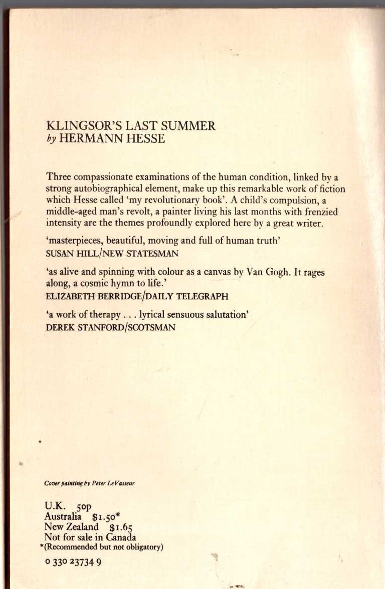 Hermann Hesse  KLINGSOR'S LAST SUMMER magnified rear book cover image