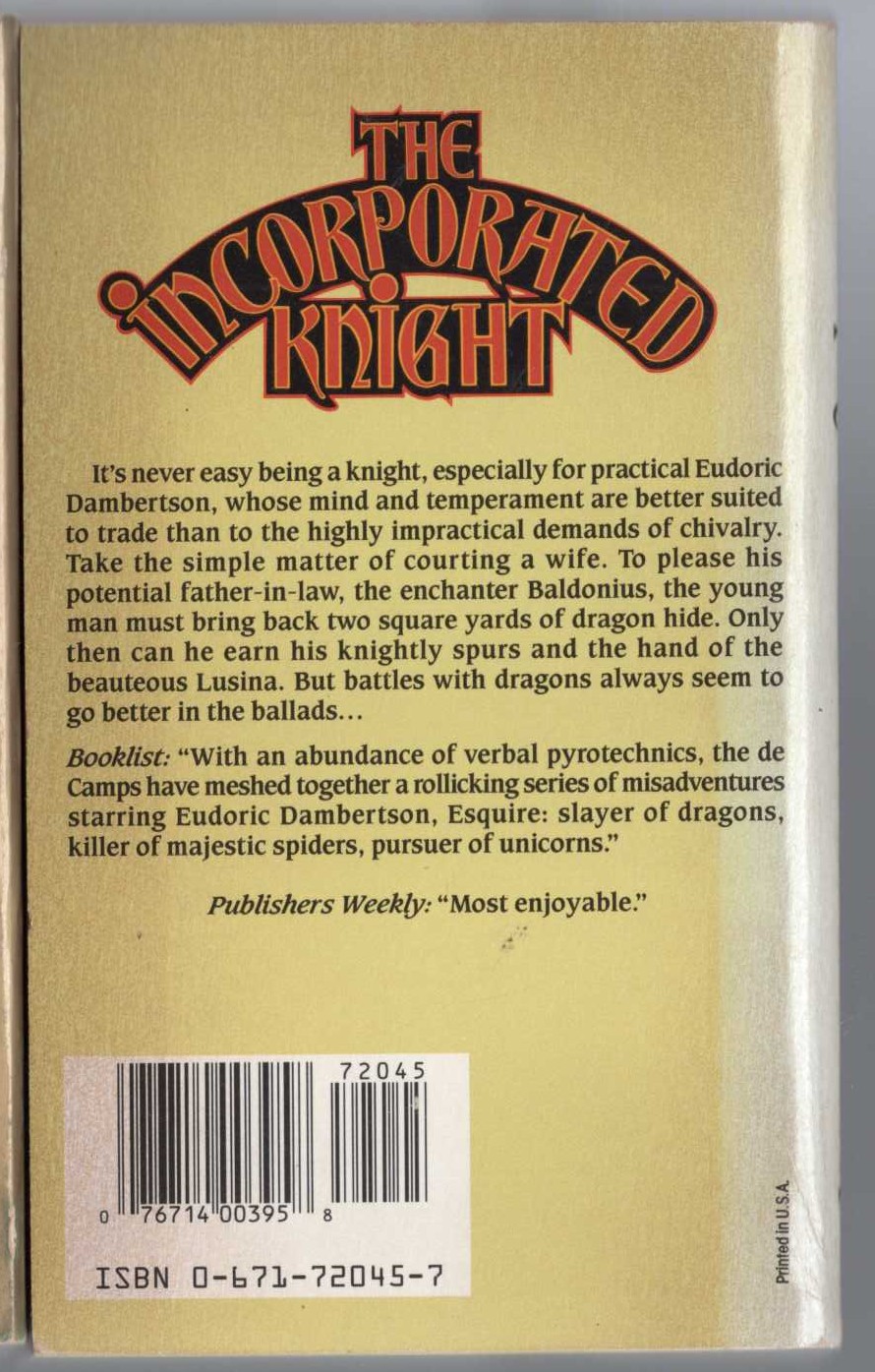 L.Sprague de Camp  THE INCORPORATED KNIGHT magnified rear book cover image