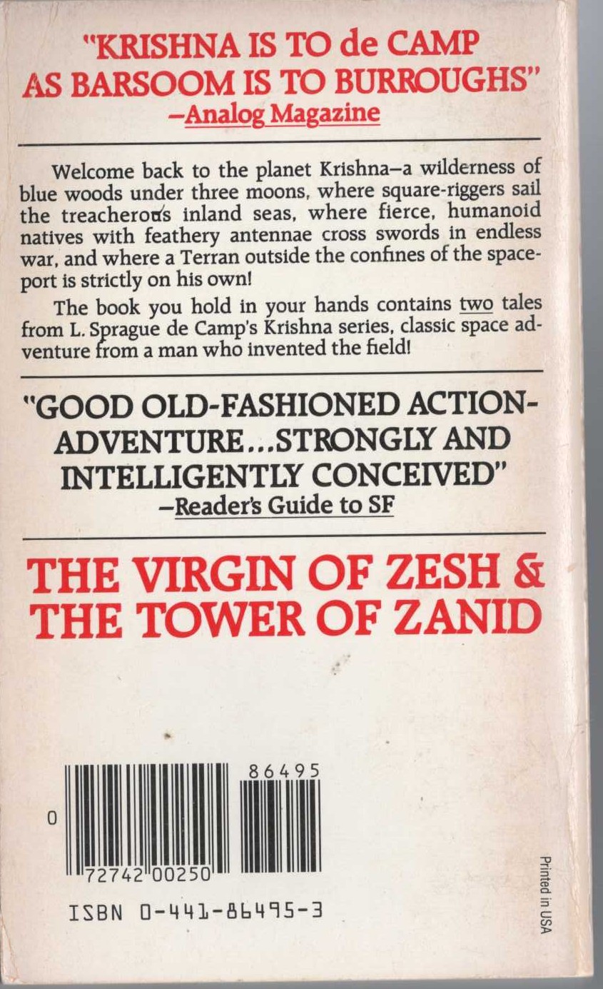 L.Sprague de Camp  THE VIRGIN OF ZESH and THE TOWER OF ZANID magnified rear book cover image