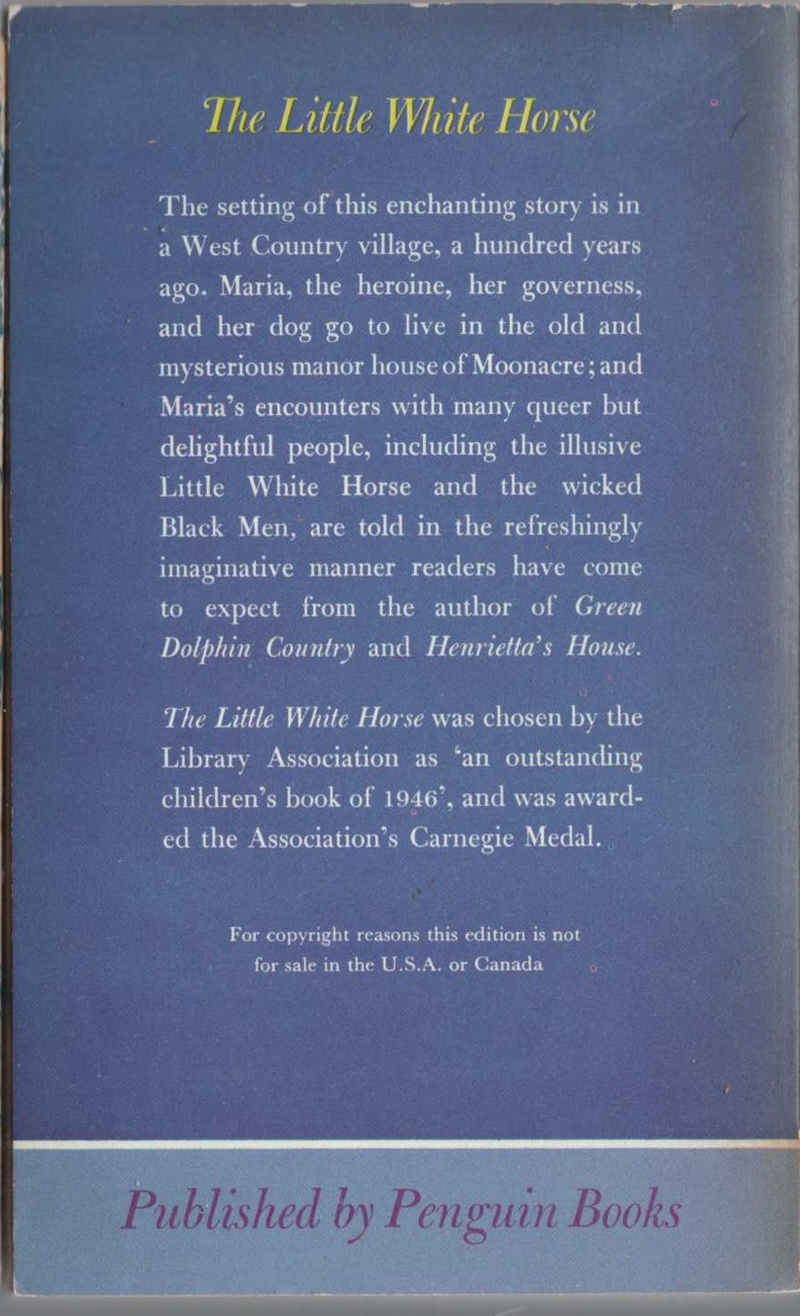 Elizabeth Goudge  THE LITTLE WHITE HORSE (Juvenile) magnified rear book cover image