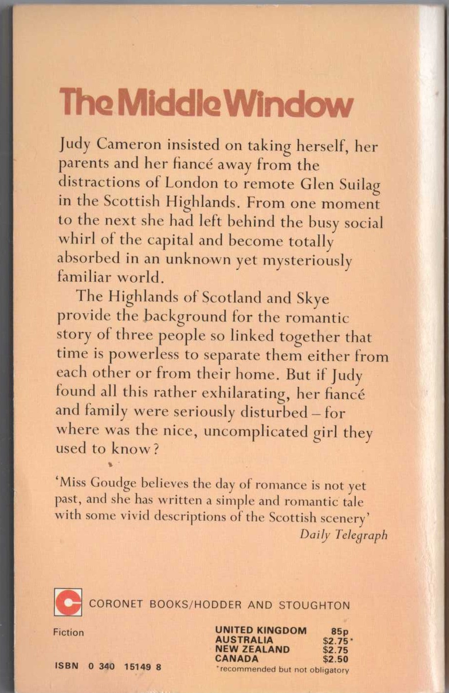 Elizabeth Goudge  THE MIDDLE WINDOW magnified rear book cover image