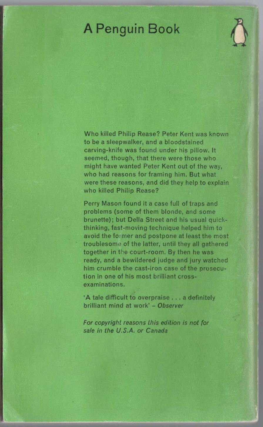 Erle Stanley Gardner  THE CASE OF THE SLEEPWALKER'S NIECE magnified rear book cover image