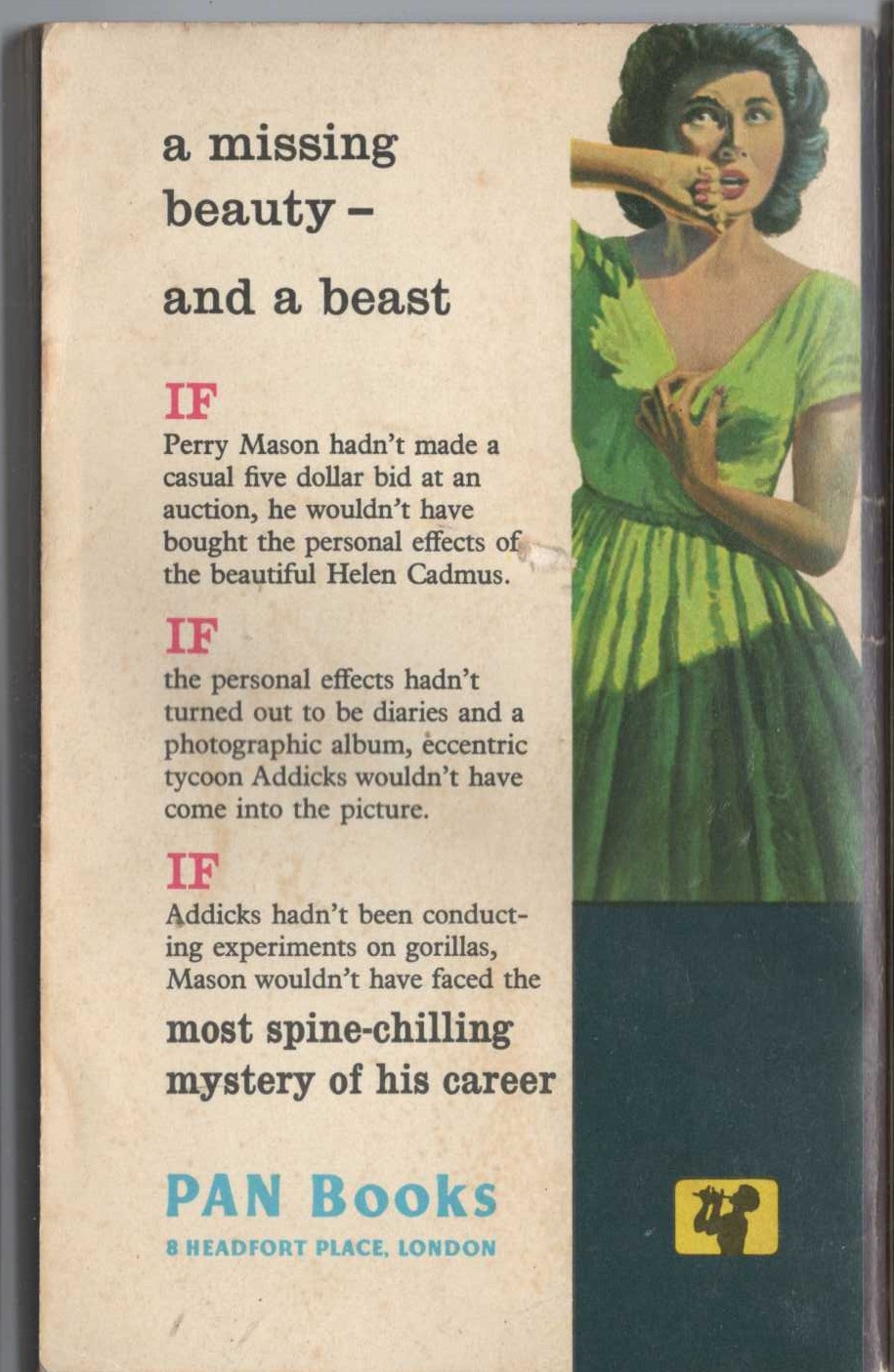 Erle Stanley Gardner  THE CASE OF THE GRINNING GORILLA magnified rear book cover image