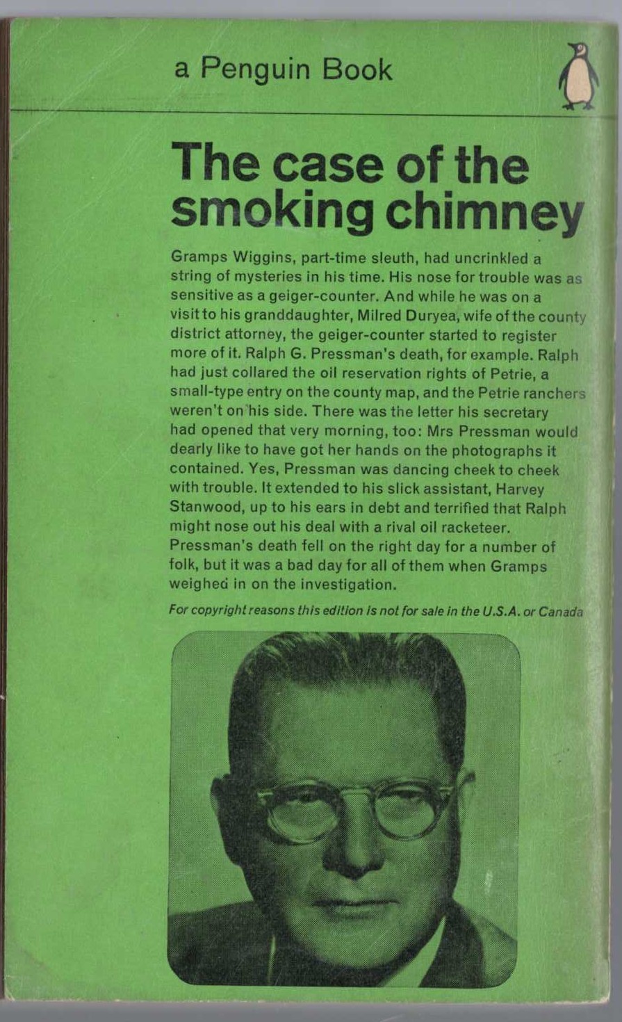Erle Stanley Gardner  THE CASE OF THE SMOKING CHIMNEY magnified rear book cover image