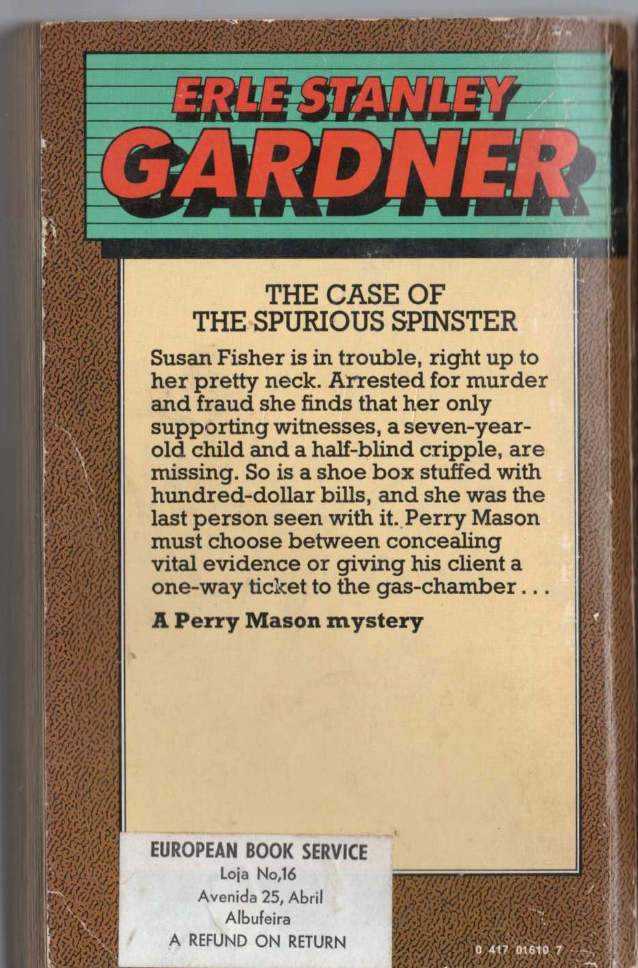 Erle Stanley Gardner  THE CASE OF THE SPURIOUS SPINSTER magnified rear book cover image