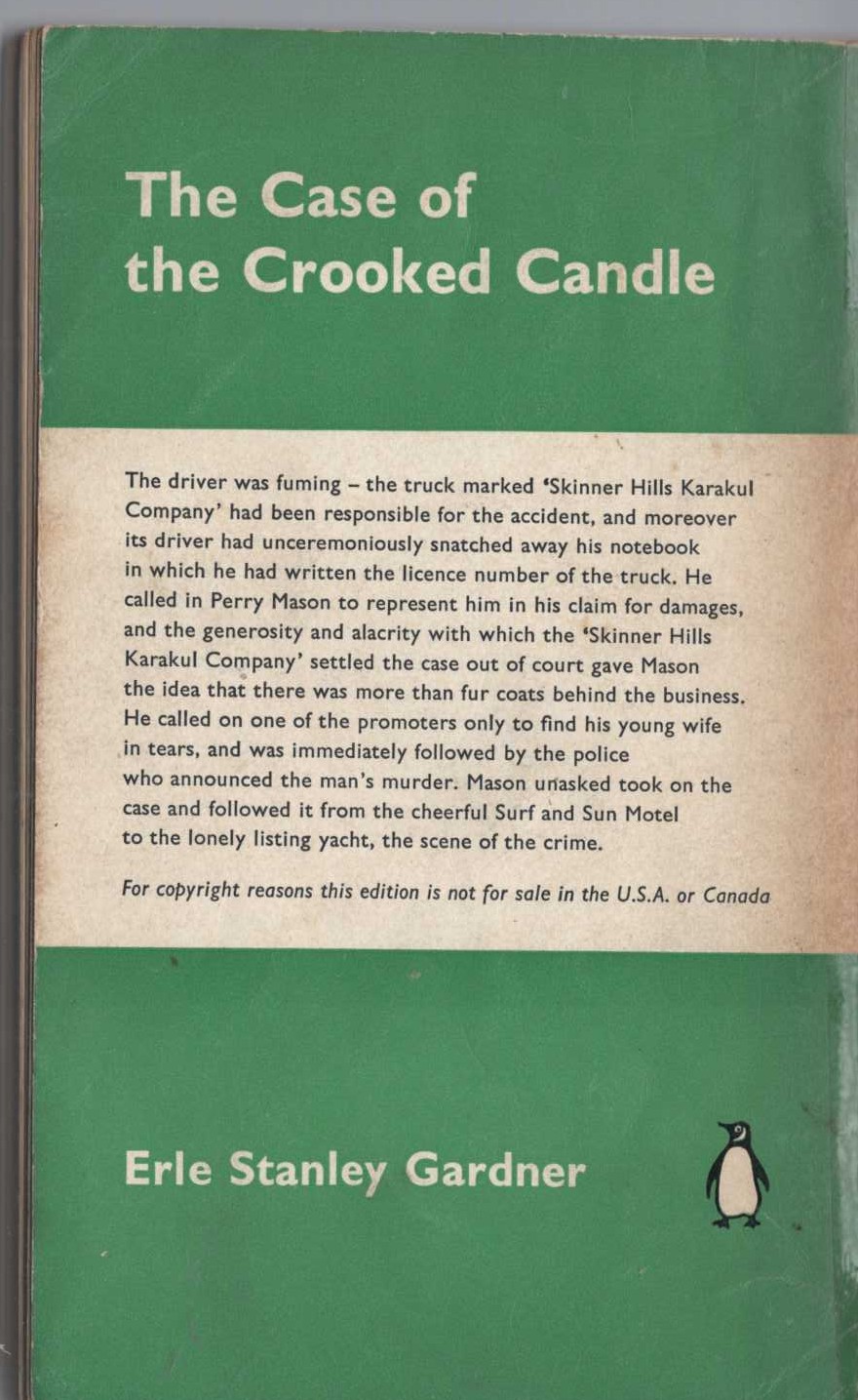 Erle Stanley Gardner  THE CASE OF THE CROOKED CANDLE magnified rear book cover image