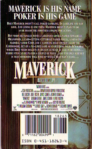 Max Allan Collins  MAVERICK (Mel Gibson, Jodie Foster & James Garner) magnified rear book cover image