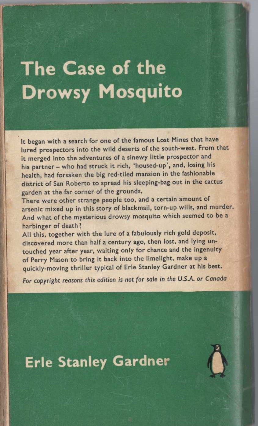 Erle Stanley Gardner  THE CASE OF THE DROWSY MOSQUITO magnified rear book cover image