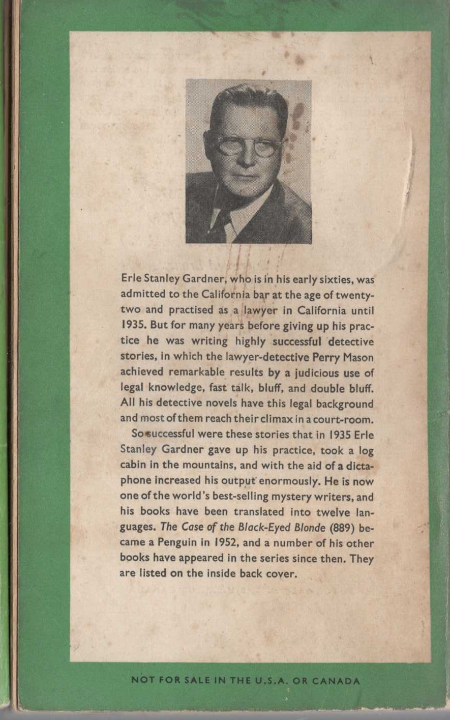 Erle Stanley Gardner  THE CASE OF THE HALF-WAKENED WIFE magnified rear book cover image