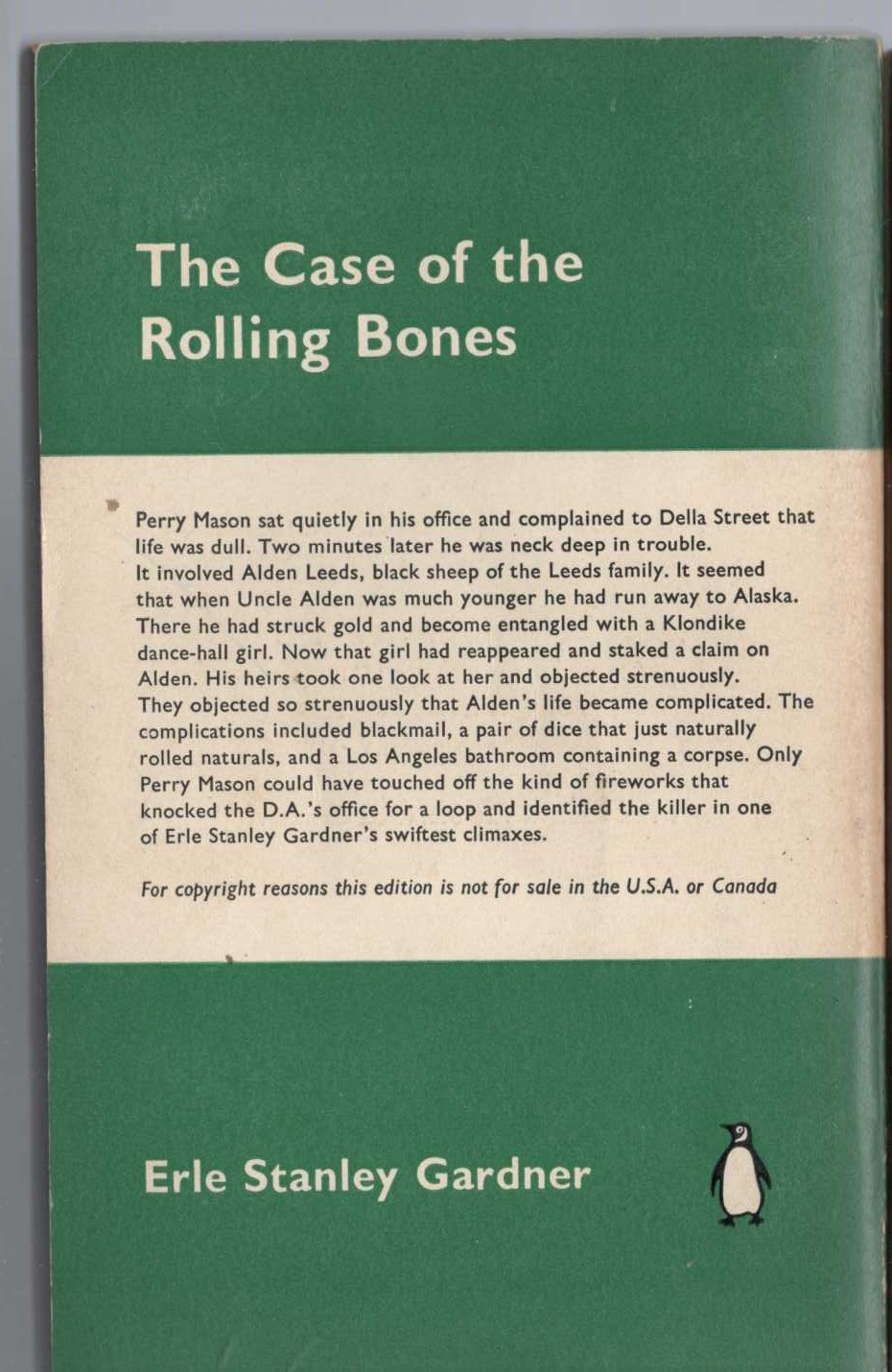 Erle Stanley Gardner  THE CASE OF THE ROLLING BONES magnified rear book cover image