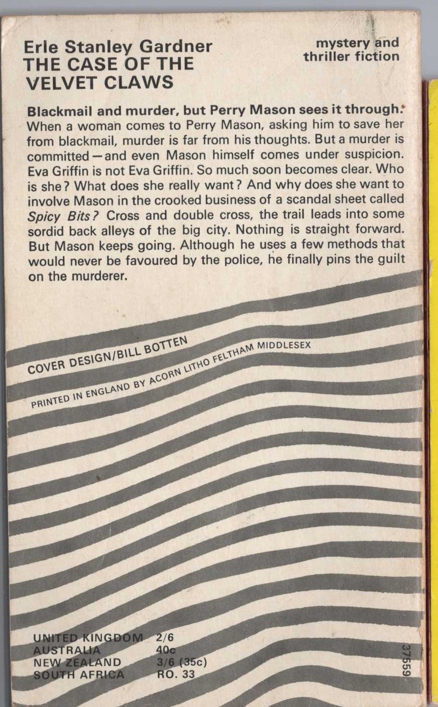 Erle Stanley Gardner  THE CASE OF THE VELVET CLAWS magnified rear book cover image