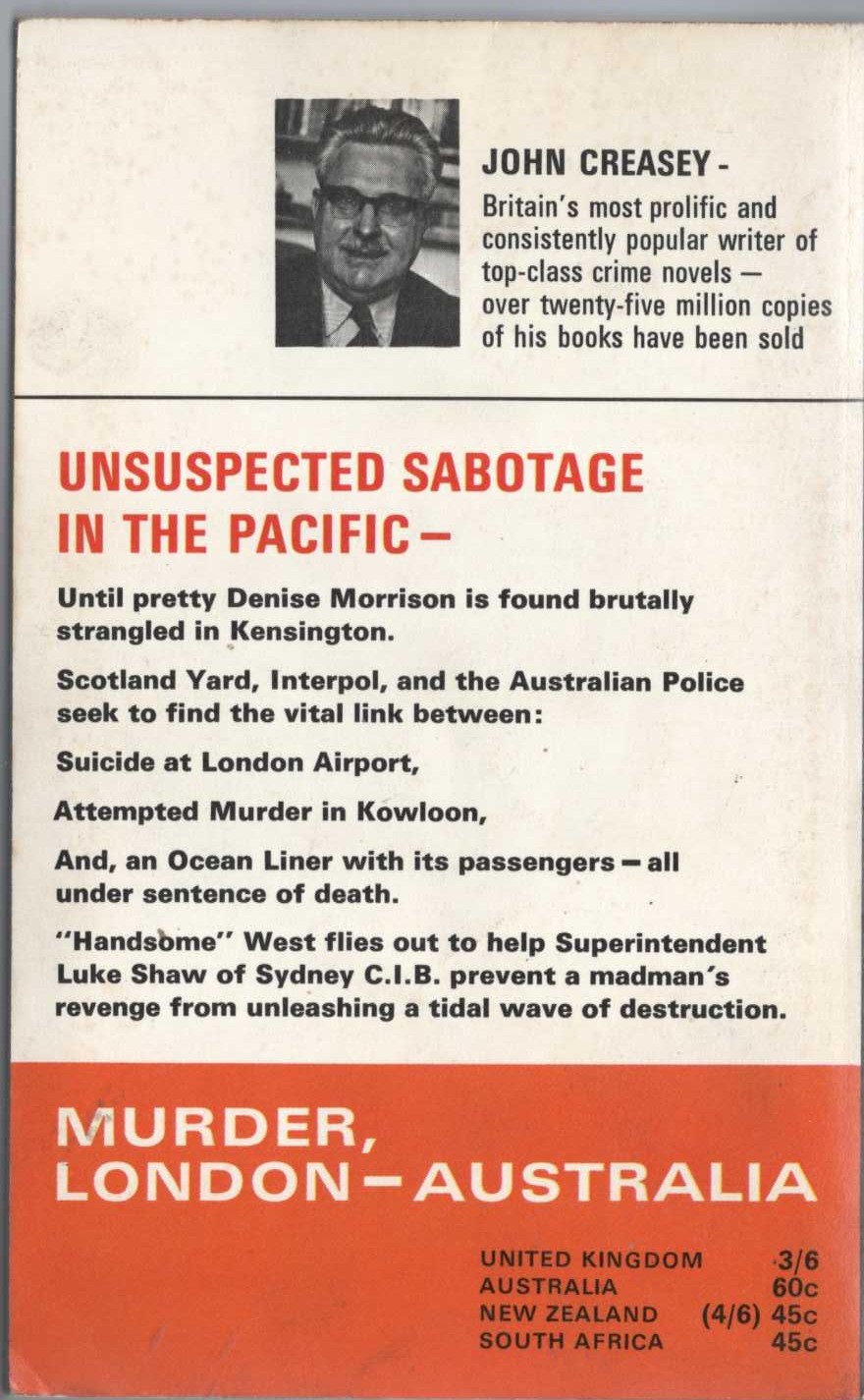 John Creasey  MUDER, LONDON - AUSTRALIA (Superintendent West) magnified rear book cover image