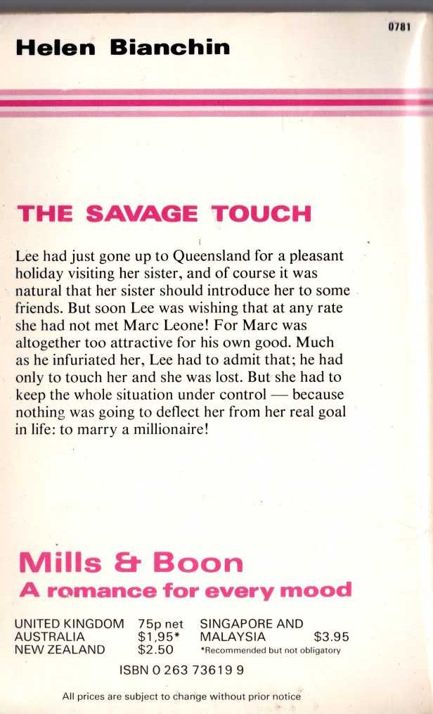 Helen Bianchin  THE SAVAGE TOUCH magnified rear book cover image