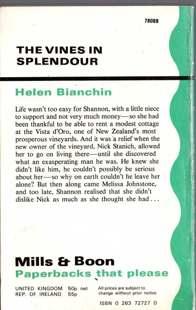 Helen Bianchin  THE VINES IN SPLENDOUR magnified rear book cover image